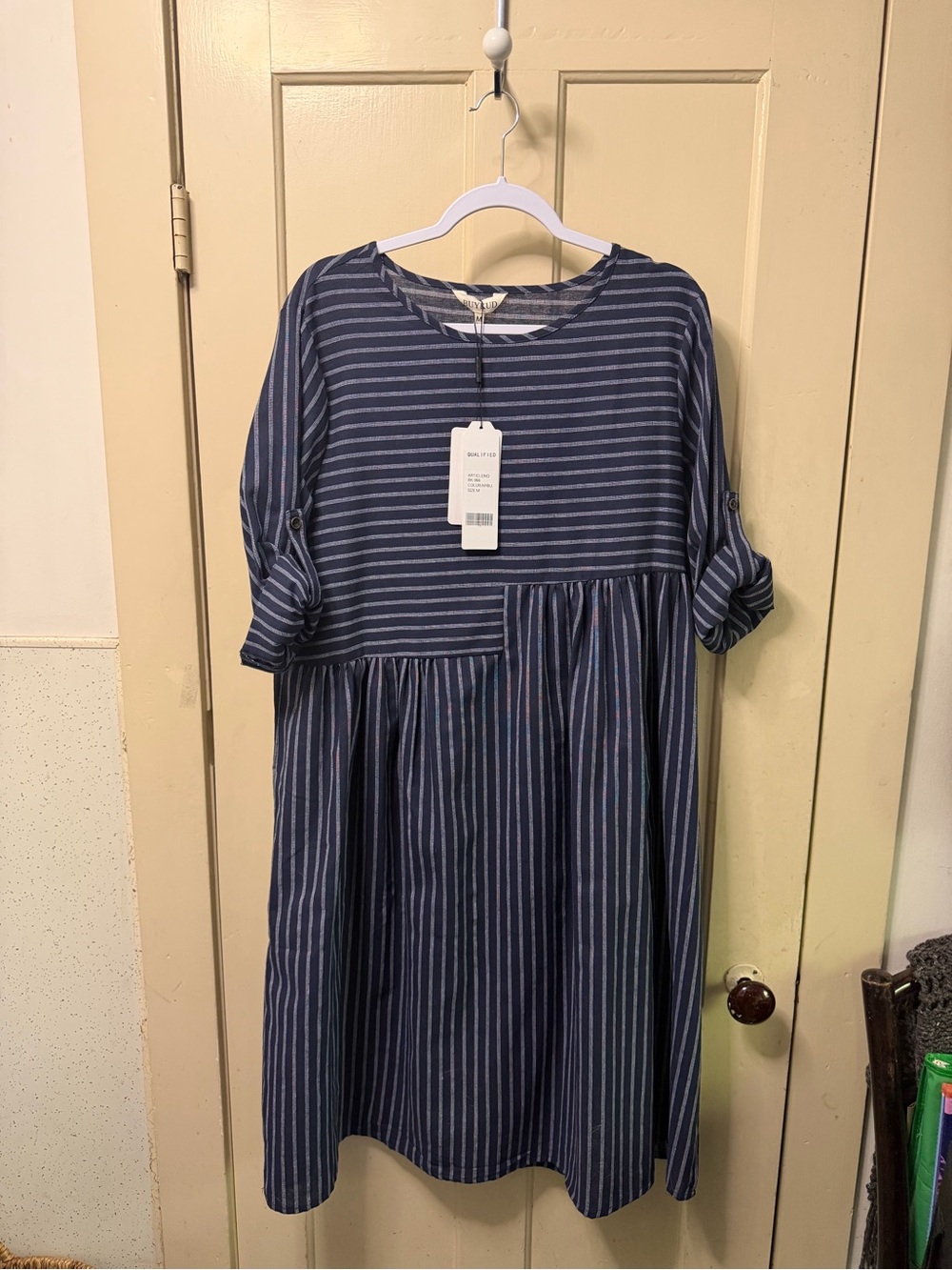 Striped Navy Midi Babydoll Dress with Rolled Sleeves